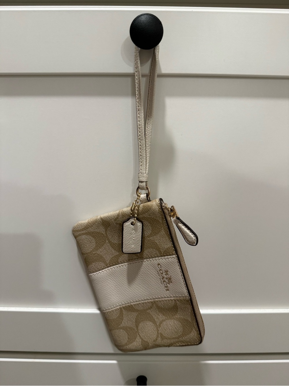 Coach Signature Wristlet in Khaki and White with Gold Hardware